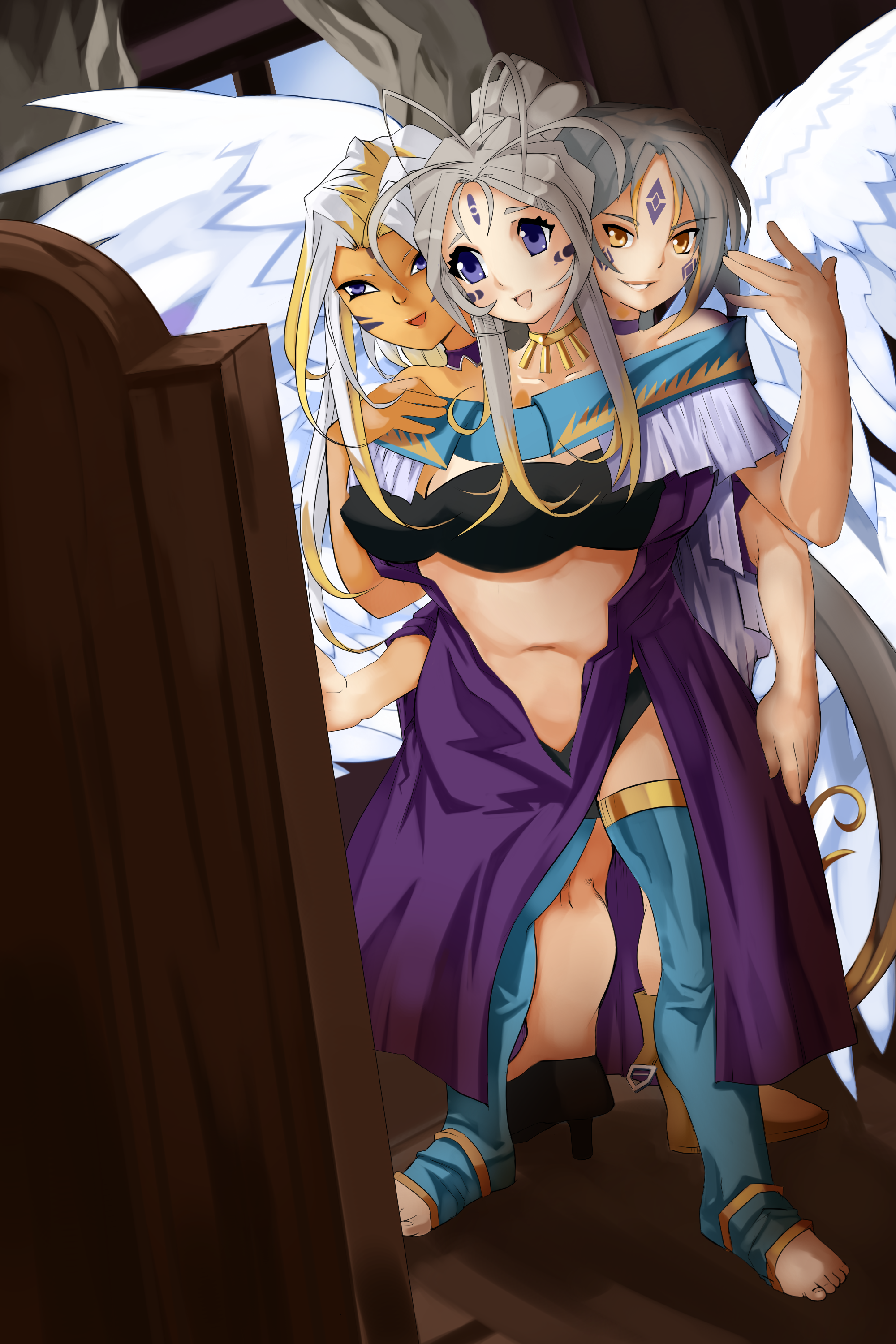 Belldandy, Urd, and Peorth admire their new gestalt form in a mirror.